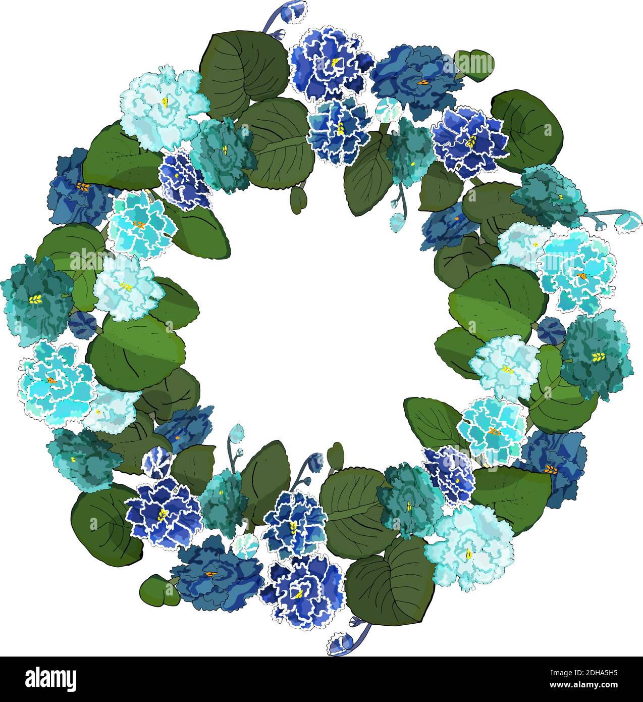 Hand drawn floral round frame with blue flowers. African Violet Flowers. Vector, isolated on white background. Stock Vector