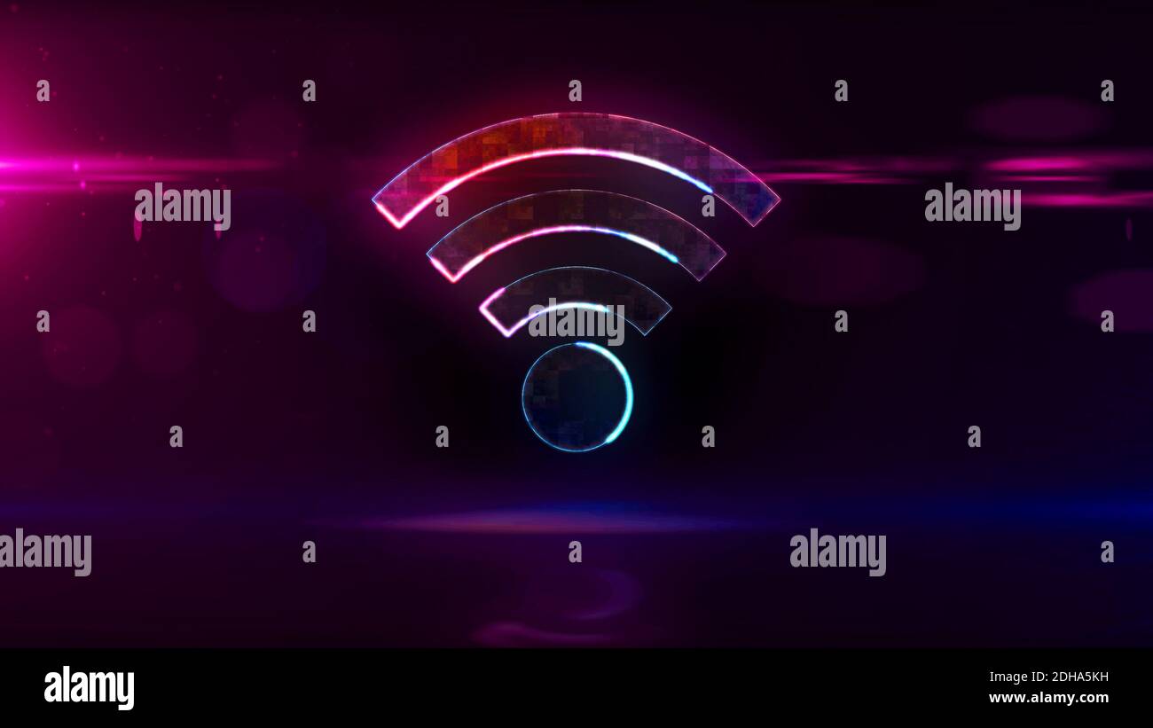 Wifi hotspot symbol, wi-fi internet zone, communication technology, free connection and 5G network icon neon loop concept. Futuristic abstract 3d rend Stock Photo