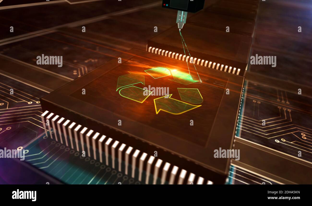 Recycling symbol, e-waste, ecology, recyclable technology, reuse electro-waste, green industry and environmental protection concept. 3d rendering illu Stock Photo