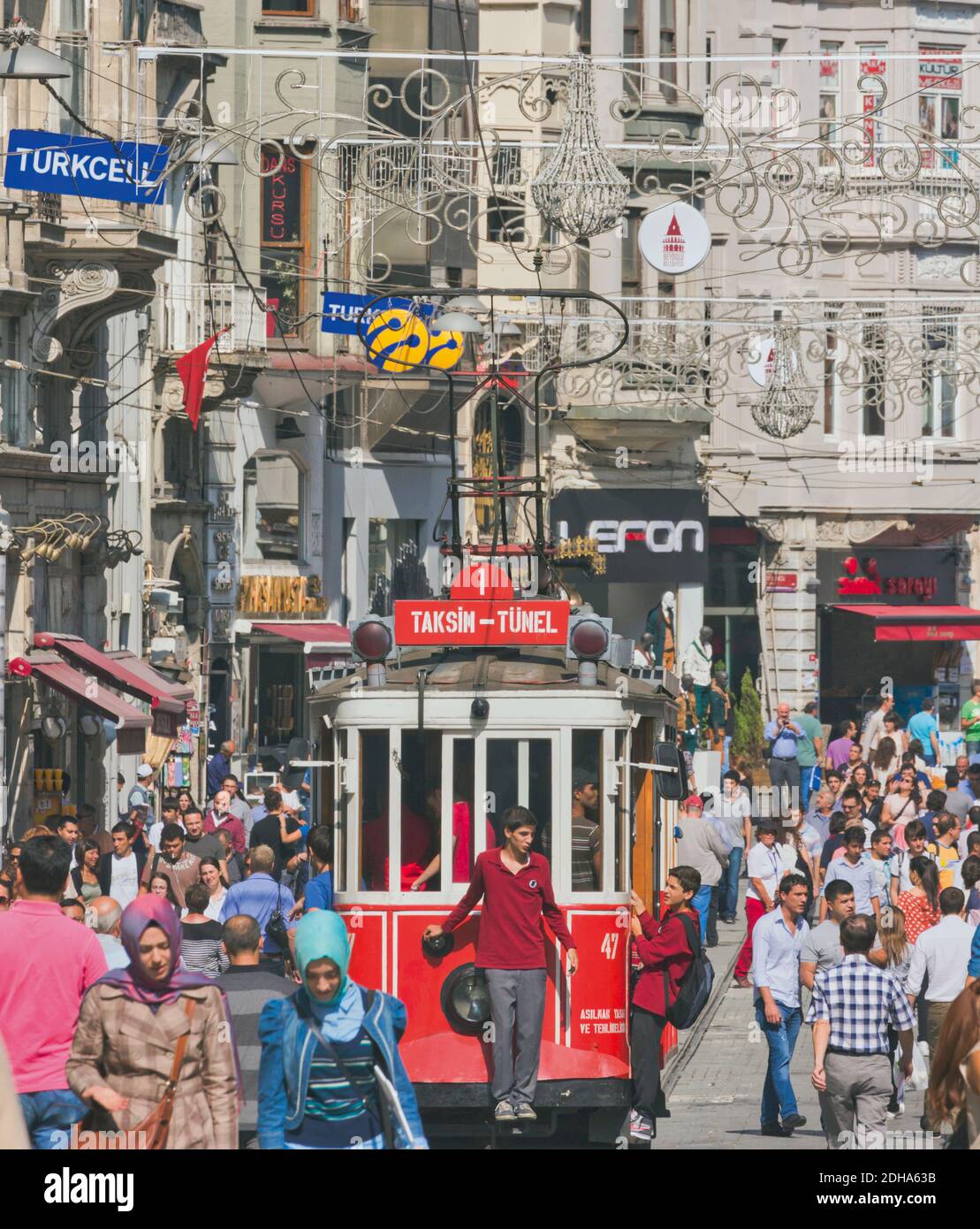 Istanbul, Turkey.   The Tünel to Taksim Square Nostalgic Tram in Istiklal Caddesi, one of Istanbul's main shopping streets. Stock Photo