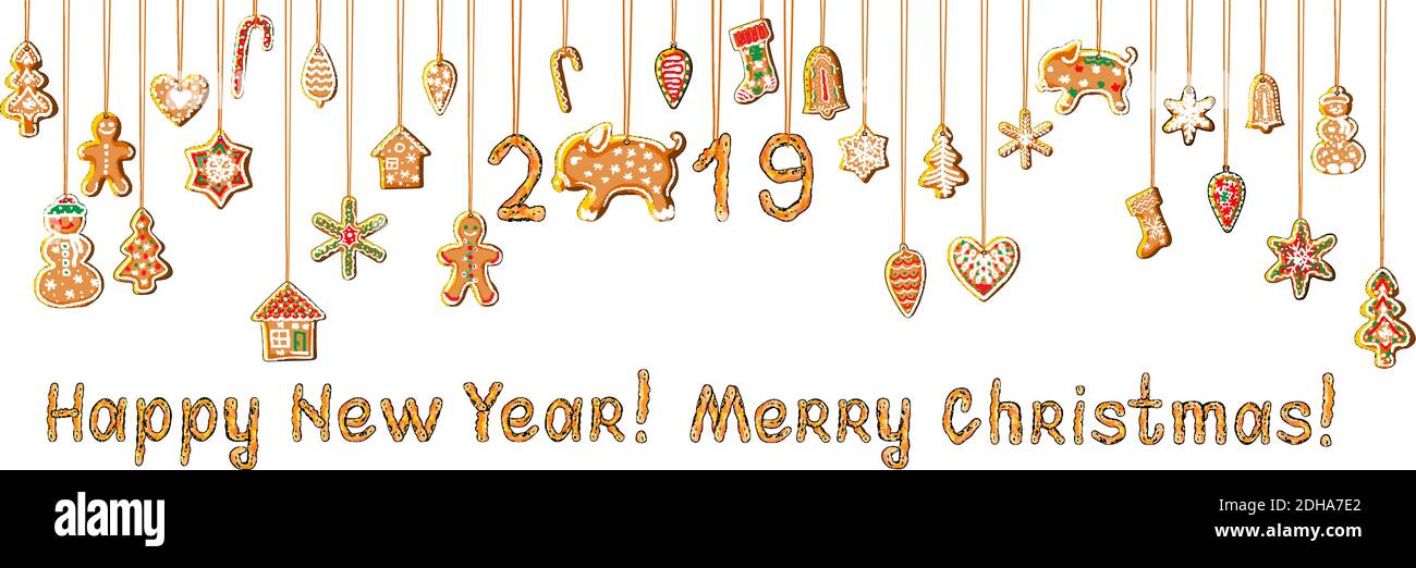 Vector garland of traditional Christmas gingerbreads isolated on white background. For your design, announcements, postcards, posters. Stock Vector