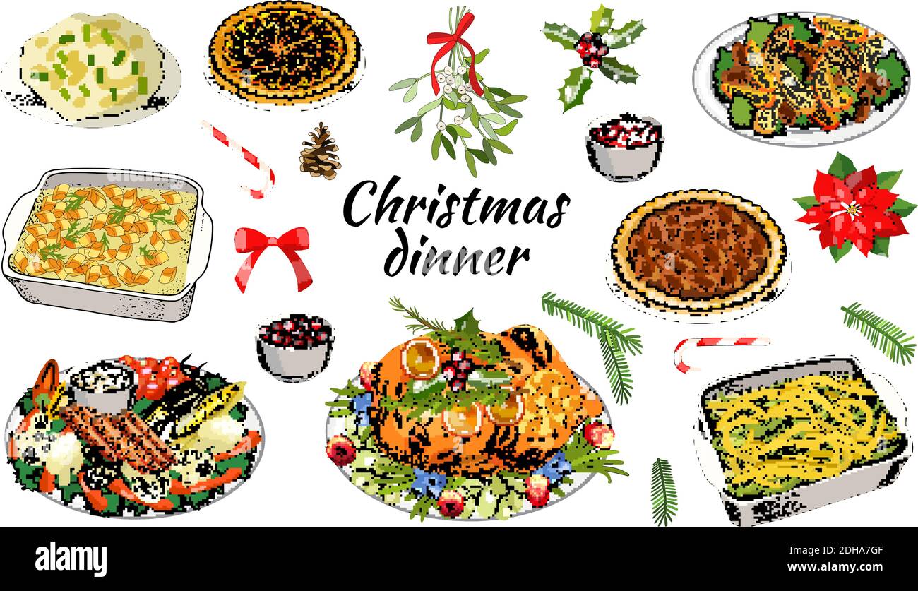 Vector illustration of traditional Christmas dishes isolated on white background. Holiday food. Classic New Year eating. Main course and garnish. Stock Vector