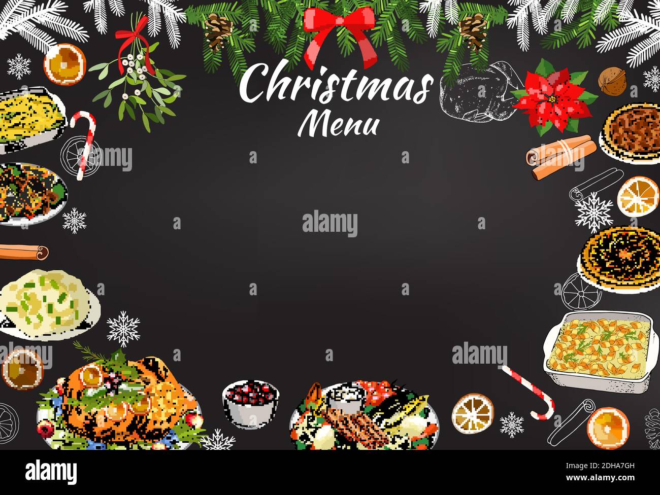 Hand-drawn chalk restaurant festive menu template on chalkboard. Vector holiday background. Traditional Christmas symbols and dishes. Stock Vector