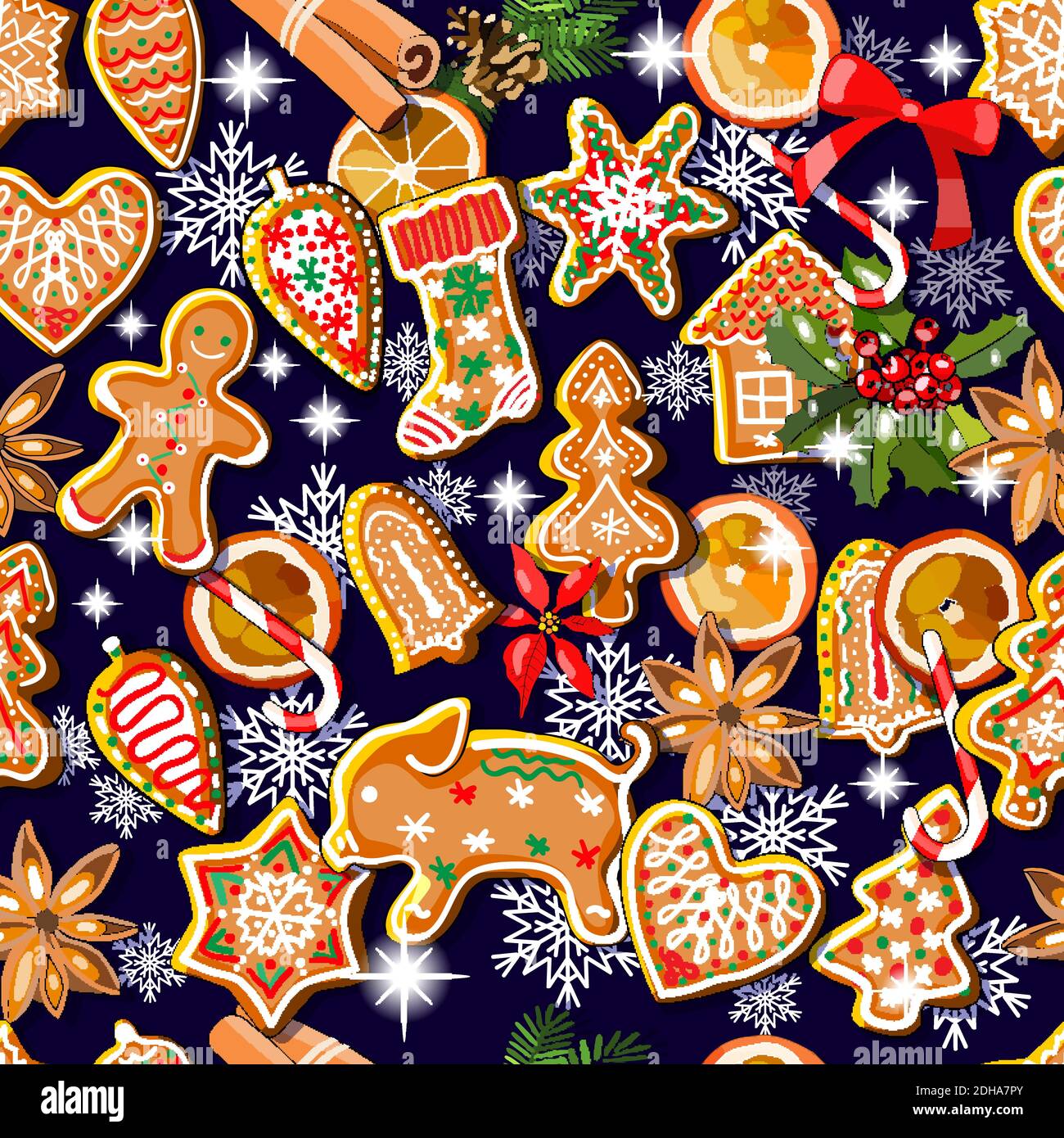 Endless texture with traditional Christmas symbols. Seamless vector pattern for your festive design, fabrics, wallpapers, greeting cards, wrappings. Stock Vector