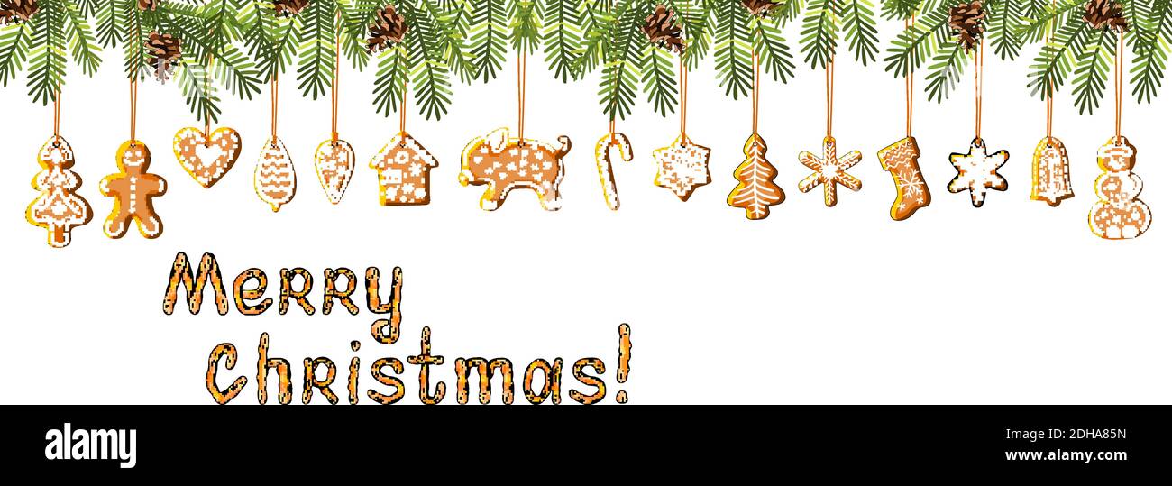 Vector festive garland isolated with gingerbreads and fir branches isolated on white background. Stock Vector