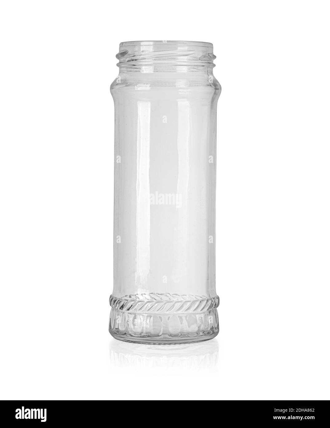 Empty long glass canning jar over a white background with clipping path