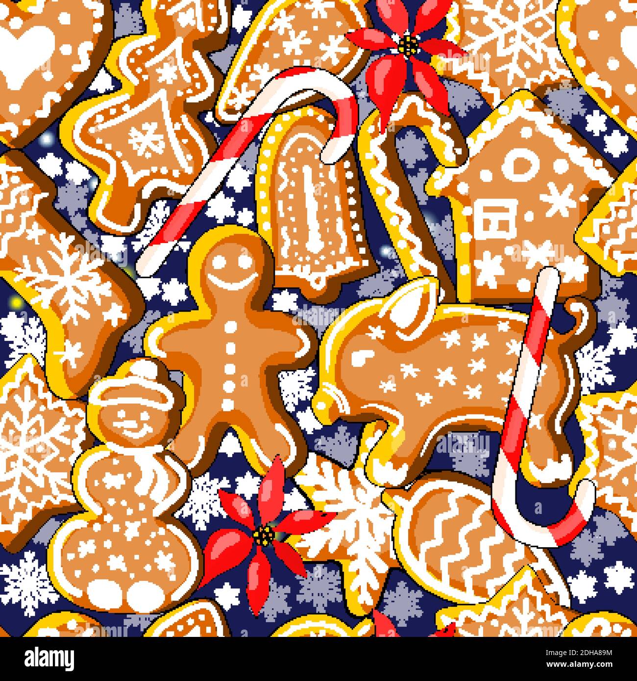 Endless texture with traditional Christmas symbols, snowflake, stars and gingerbreads. Stock Vector