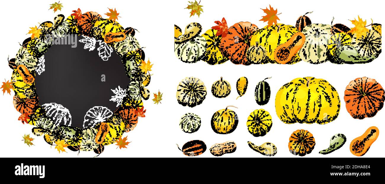 Vector autumn set of Pumpkins and leaves isolated on white background. Stock Vector
