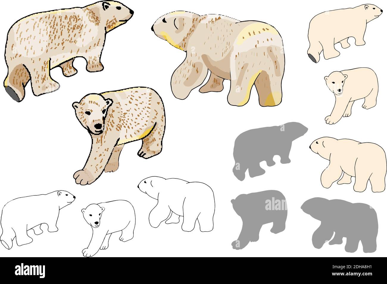 Vector white polar bears set isolate on white background. Bear Silhouettes on white background. Stock Vector