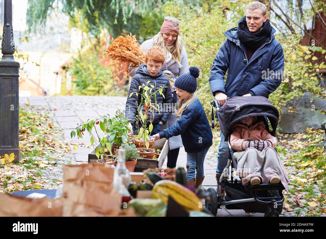 Family arriving at market stall Stock Photo