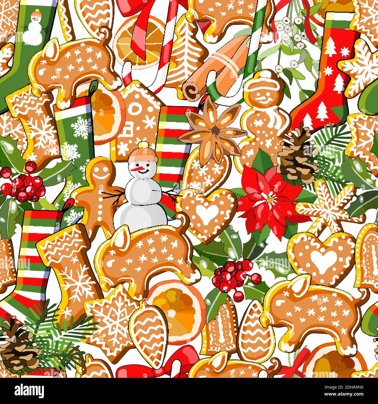 Endless texture with traditional Christmas symbols and gingerbreads. Seamless vector pattern Stock Vector