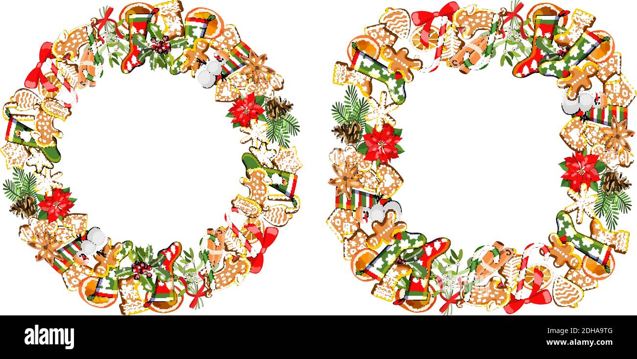 Vector festive frame and wreath isolated on white background. Gingerbreads and New year and Christmas symbols. Stock Vector