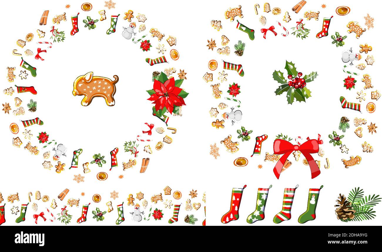 Vector festive frame, wreath, endless border isolated on white. Gingerbreads and Christmas symbols. Stock Vector