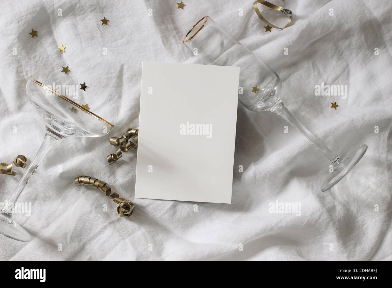 Happy New Year composition. Blank greeting card mockup scene. Champagne ...