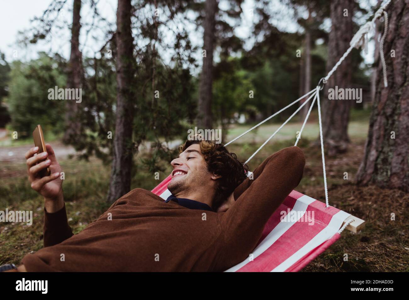 Smiling young man using mobile phone while relaxing in hammock against trees Stock Photo