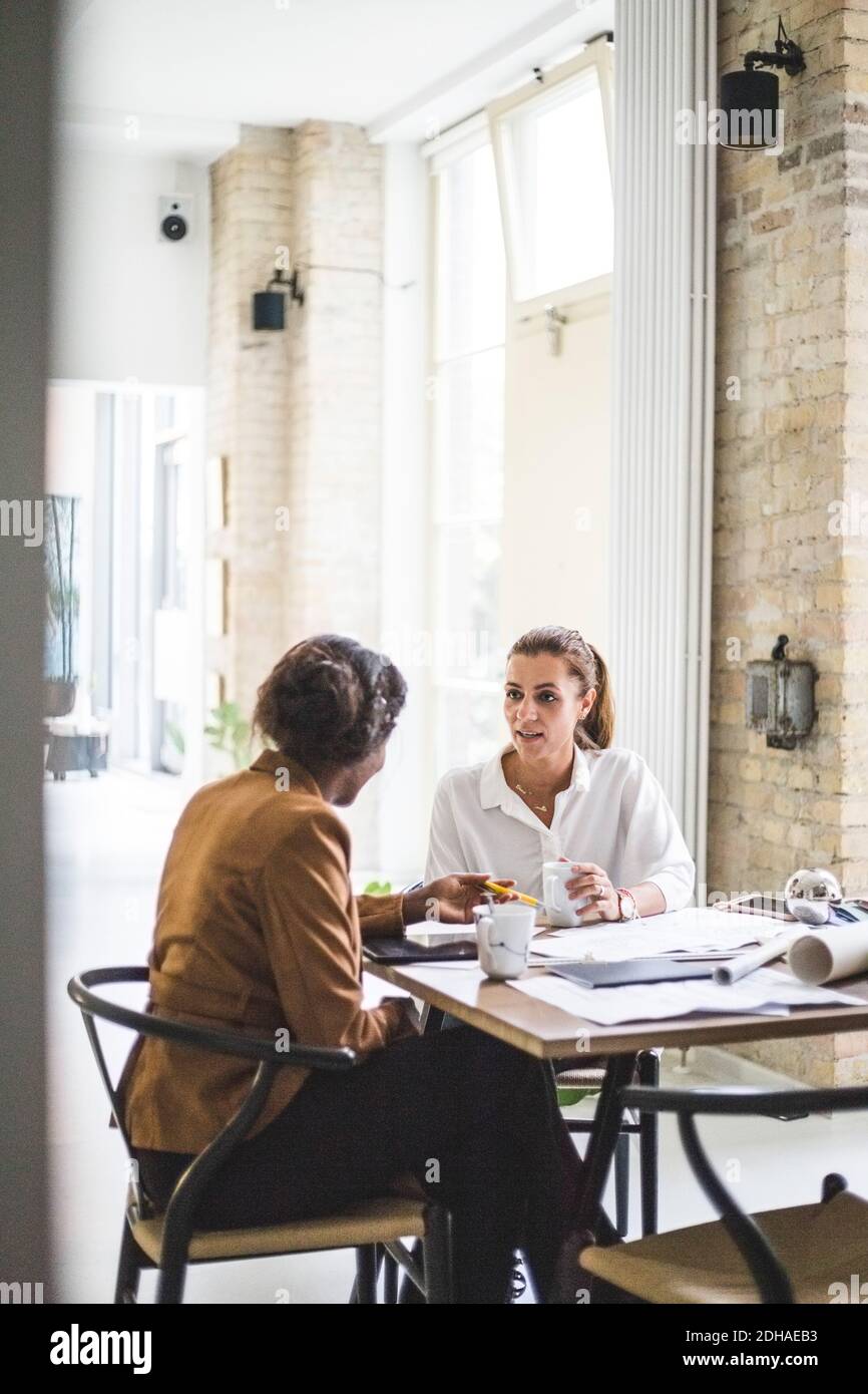 Smiling female architects discussing while working at home Stock Photo