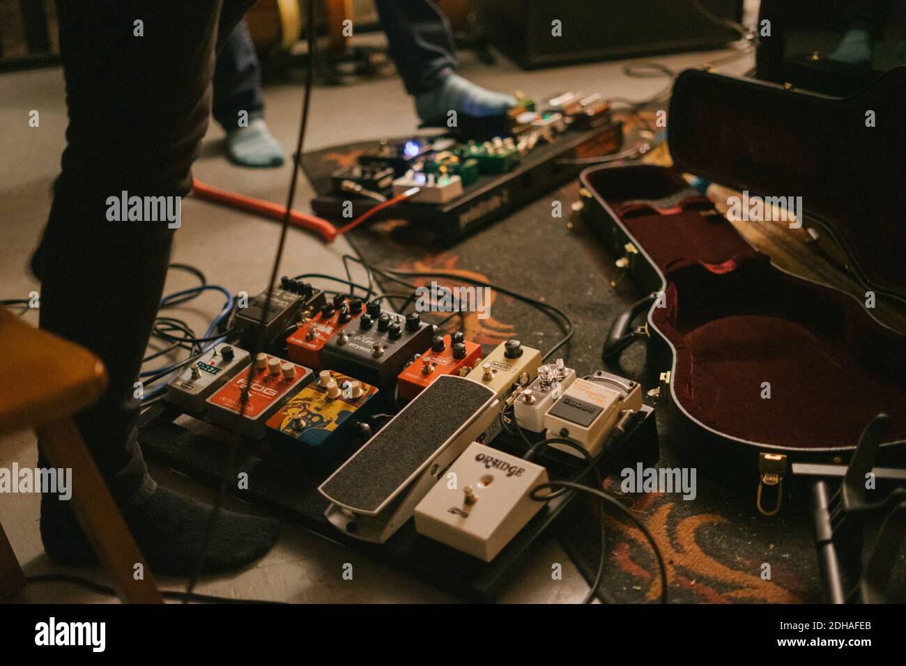 Electric Guitar Pedal board during a rehearsal Stock Photo