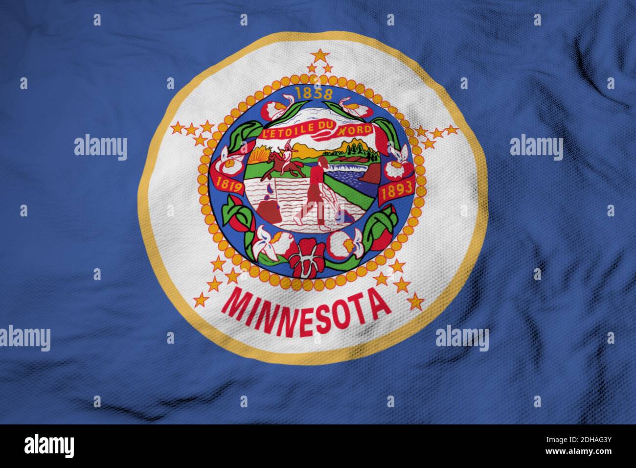 Full frame close-up on a waving flag of Minnesota (USA) in 3D rendering. Stock Photo