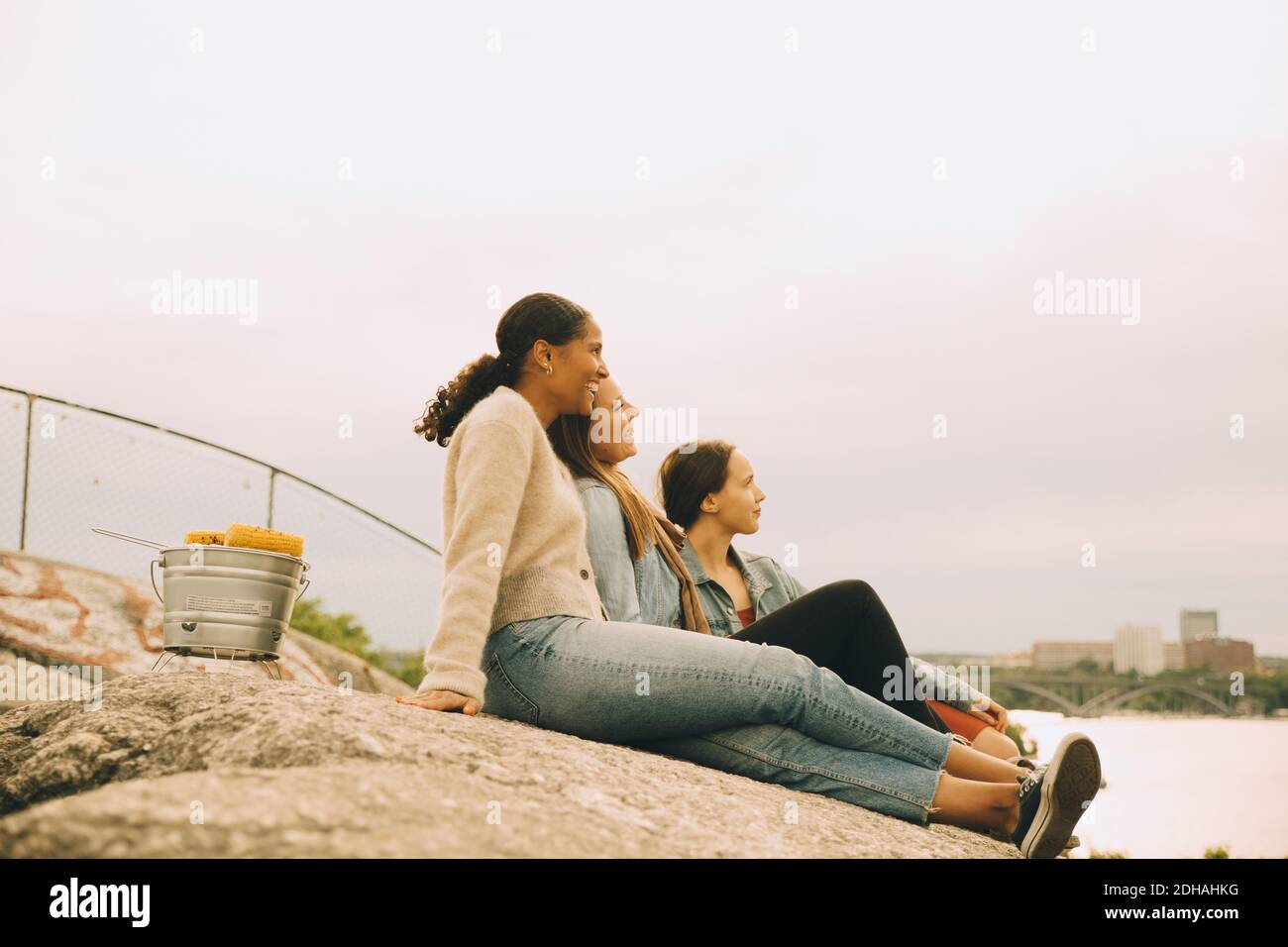 Happy female friends looking away while sitting on rock formation at lakeshore against sky Stock Photo