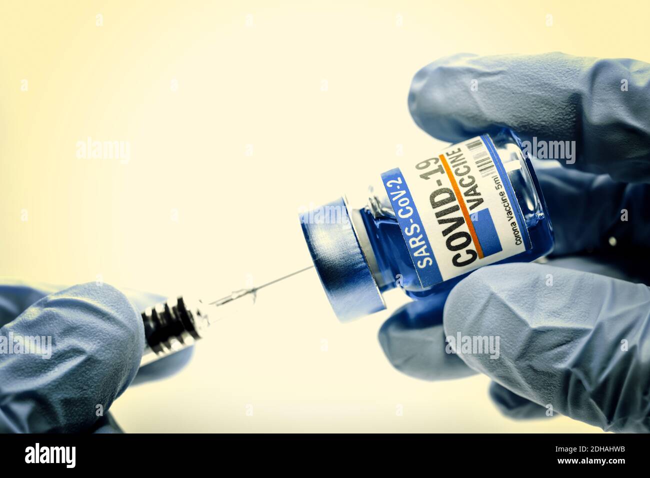 Hände in Schutzhandschuhen halten Injektionsfläschchen mit Corona-Impfstoff und Impfspritze, Symbolfoto Corona-Impfmittel Stock Photo