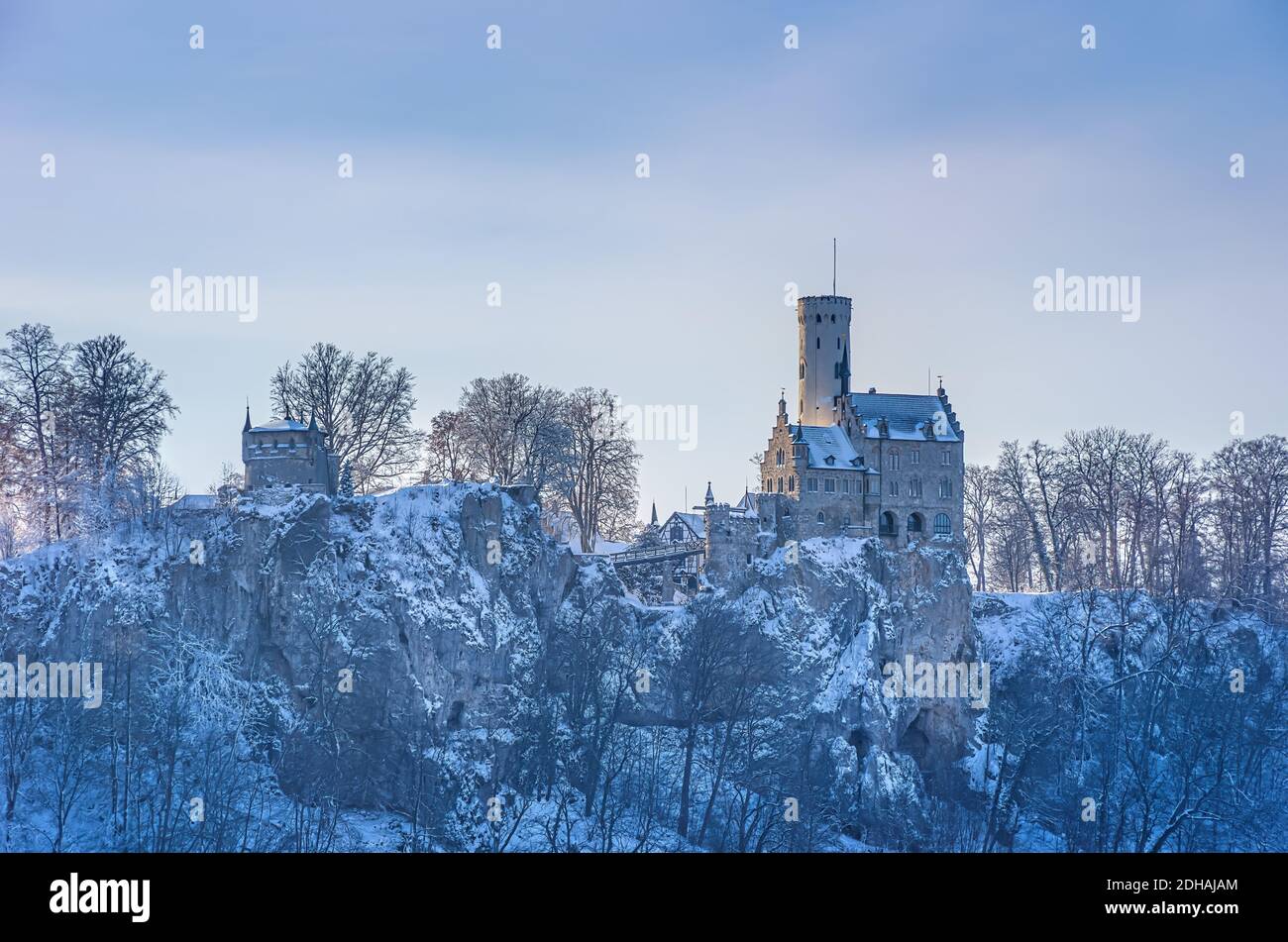 Winterly Lichtenstein Castle in snowy landscape, Honau, municipality of Lichtenstein near Reutlingen, Swabian Alb, Germany. Stock Photo