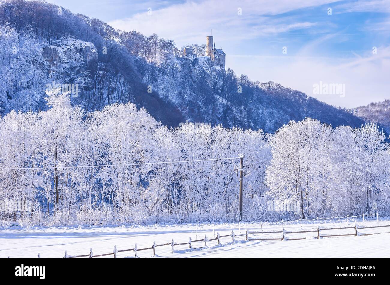 Winterly Lichtenstein Castle in snowy landscape, Honau, municipality of Lichtenstein near Reutlingen, Swabian Alb, Germany. Stock Photo