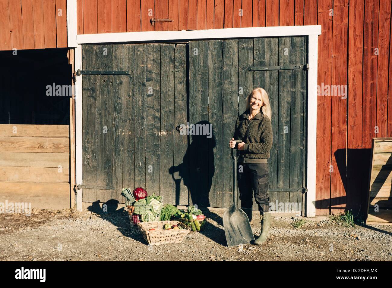 Full length portrait of female farmer with shovel standing by organic ...