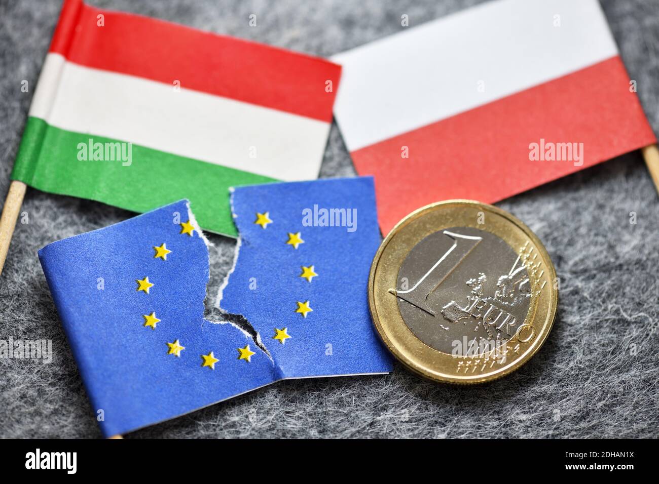 Angerissene EU-Fahne und Fahnen von Ungarn und Polen mit Euromünze, EU-Haushaltsstreit Stock Photo