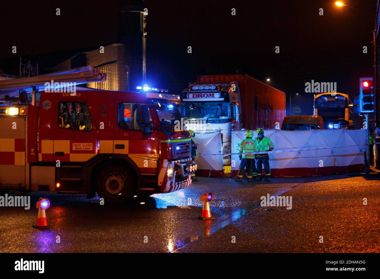 Cork, Ireland. 10th Dec, 2020. Pedestrian Struck by Truck, Cork City. At 5PM today reports came in that a pedestrian had been knocked down by an articulated truck at the Old Youghal Road Junction in Mayfield. Emergency services are on scene dealing with the situation. Reports say the pedestrian who was in her 40s was killed in the collision. Credit: Damian Coleman/Alamy Live News Stock Photo