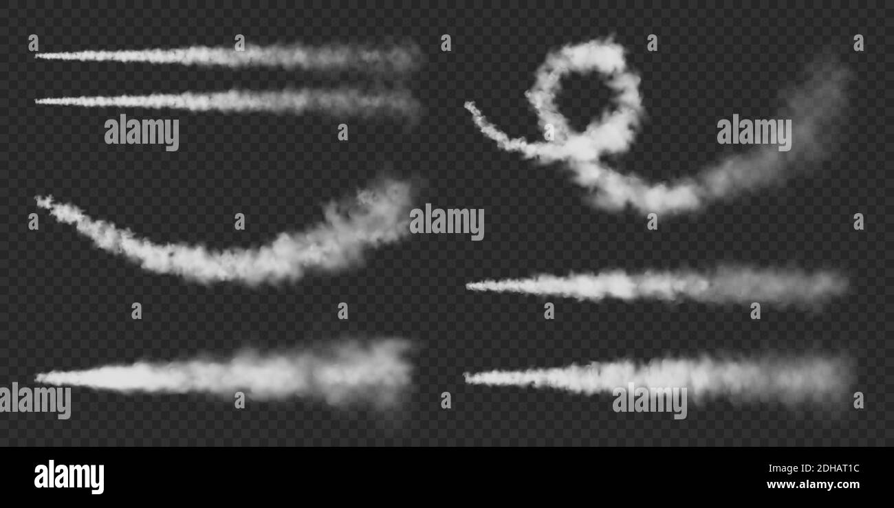 Realistic airplane condensation trails. Space rocket launch. Missile or bullet trail. Jet aircraft tracks. White smoke clouds, fog. Steam flow. Vector Stock Vector