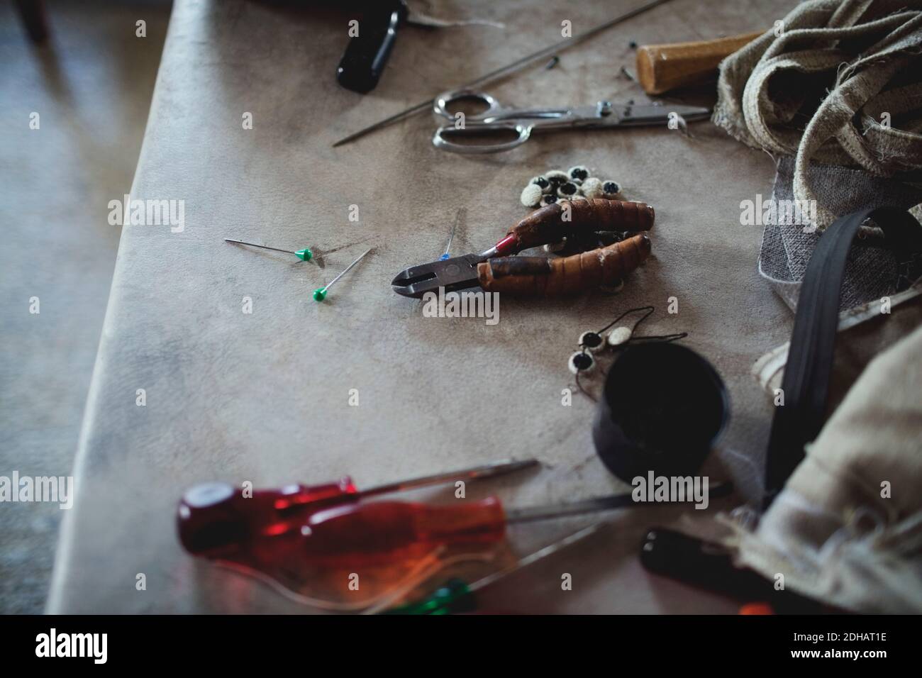 High angle view of various tools on table at workshop Stock Photo