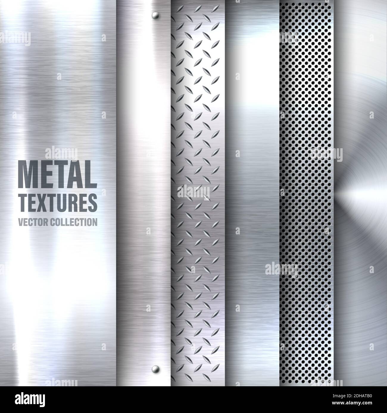 Realistic brushed metal textures set. Polished stainless steel