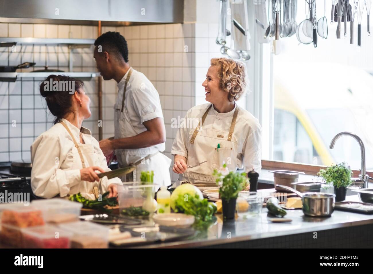 Cheerful multi-ethnic chefs working in kitchen at restaurant Stock Photo
