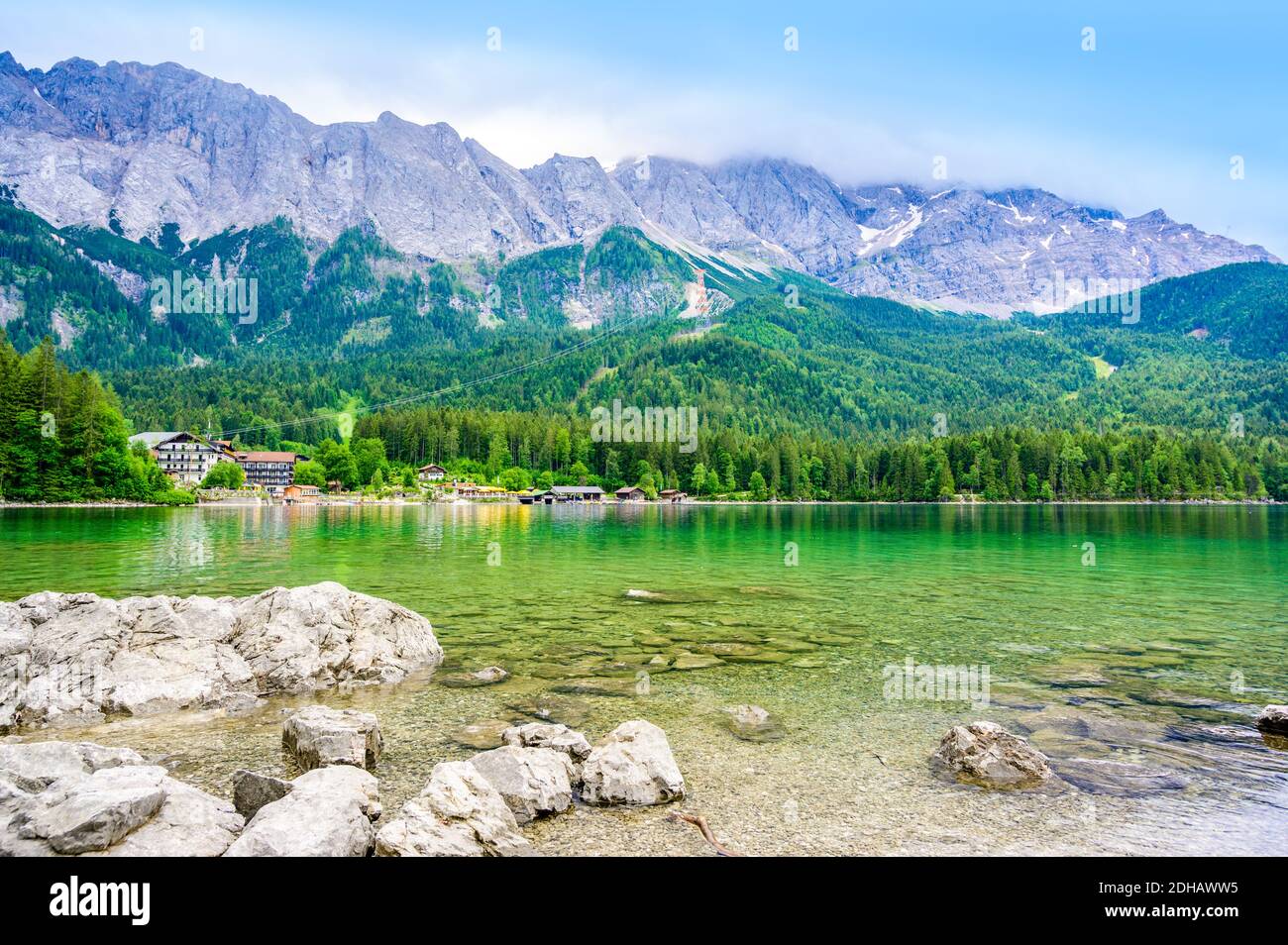 Eibsee lake with Zugspitze mountain in the background. Beautiful ...