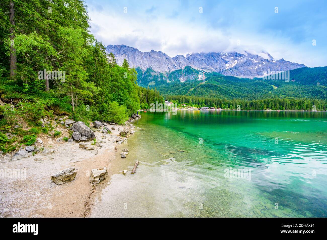 Eibsee lake with Zugspitze mountain in the background. Beautiful ...
