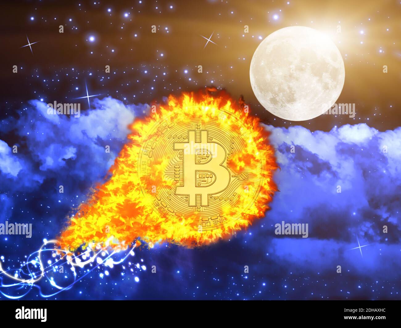 concept of Bitcoin value going to the moon. Fire Bitcoin hits an all-time high price record in November 2020. Cryptocurrency coin in the space Stock Photo