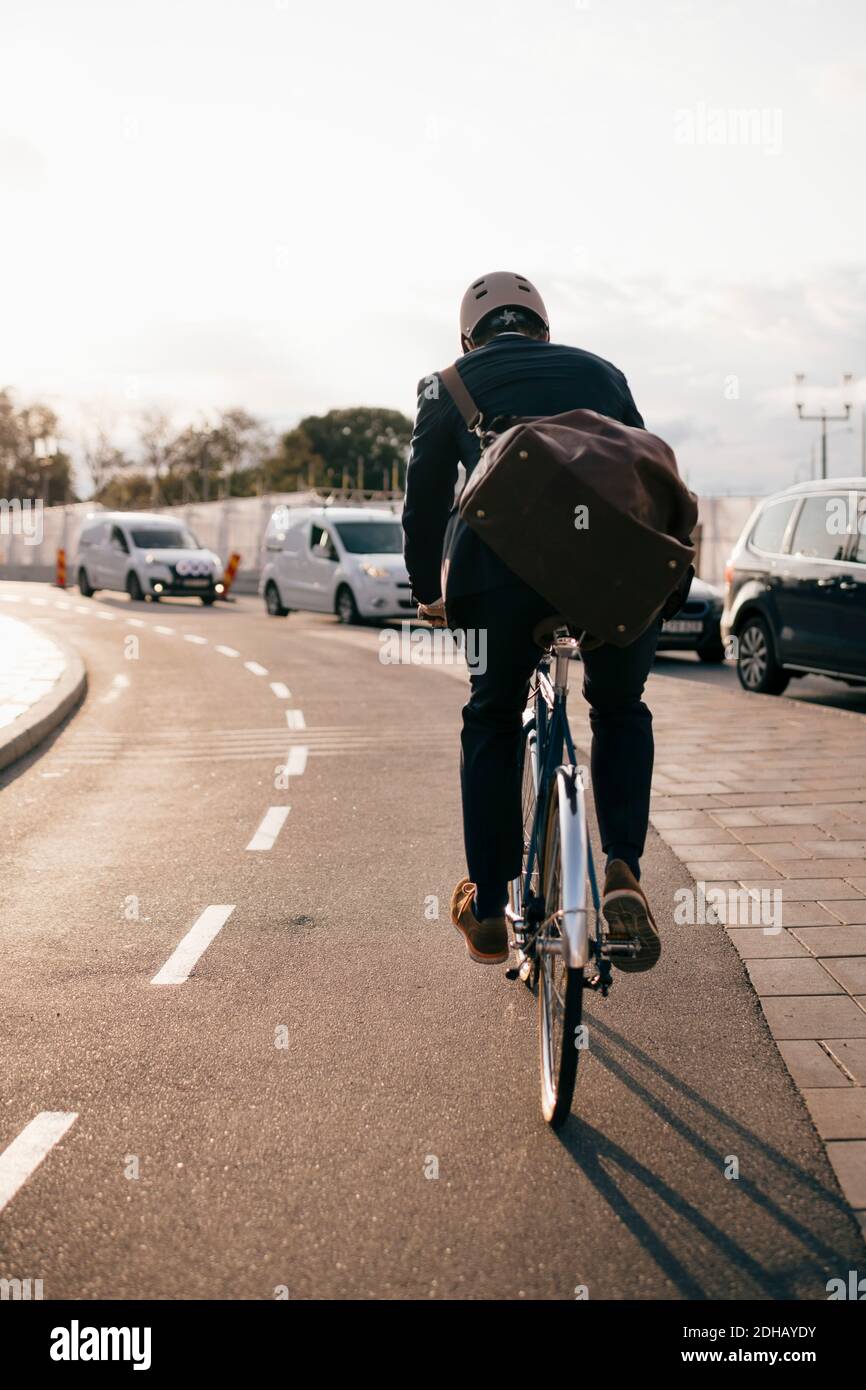 Rear view of businessman riding bicycle on street in city during sunny day Stock Photo