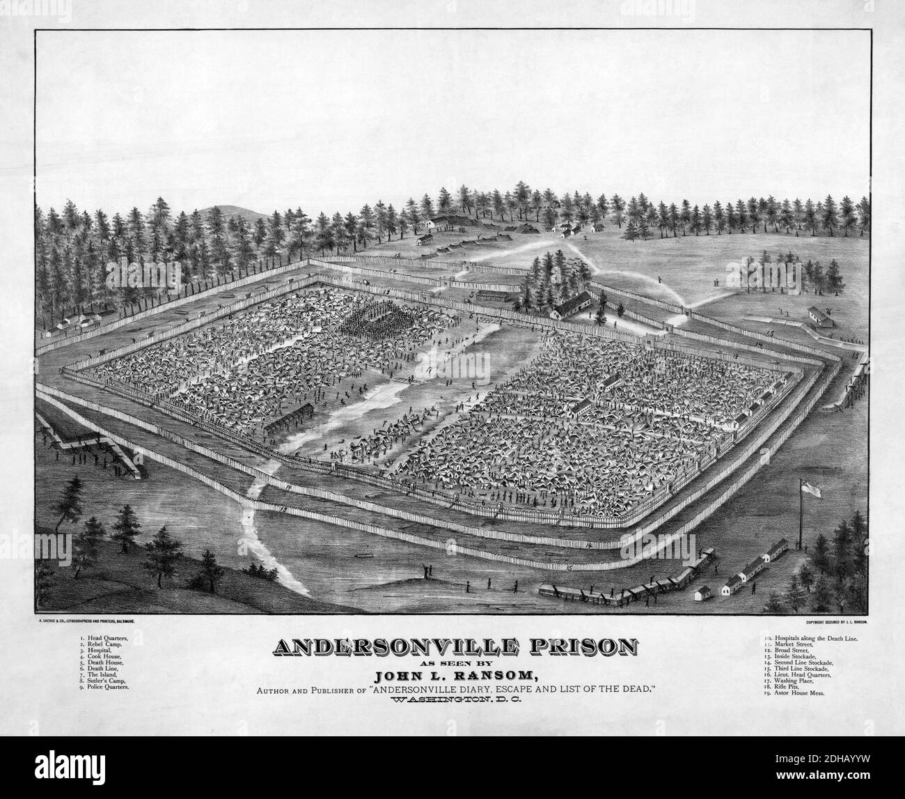A sketch of Andersonville Prison by John L. Ransom, author of Andersonville Diary, Escape and List of the Dead.  Areas of the sketch are numbered, the labels at the bottom are transcribed below:  1. Head Quarters, 2. Rebel Camp. 3. Hospital, 4. Cook House, 5. Death House, 6. Death Line, 7. The Island, 8. Sutler's Camp, 9. Police Quarters.   10. Hospitals along the Death Line. 11. Market Street, 12. Broad Street, 13. Inside Stockade, 14. Second Line Stockade, 15. Third Line Stockade, 16. Lieut. Head Quarters, 17. Washing Place, 18. Rifle Pits, 19. Astor House Mess. Stock Photo