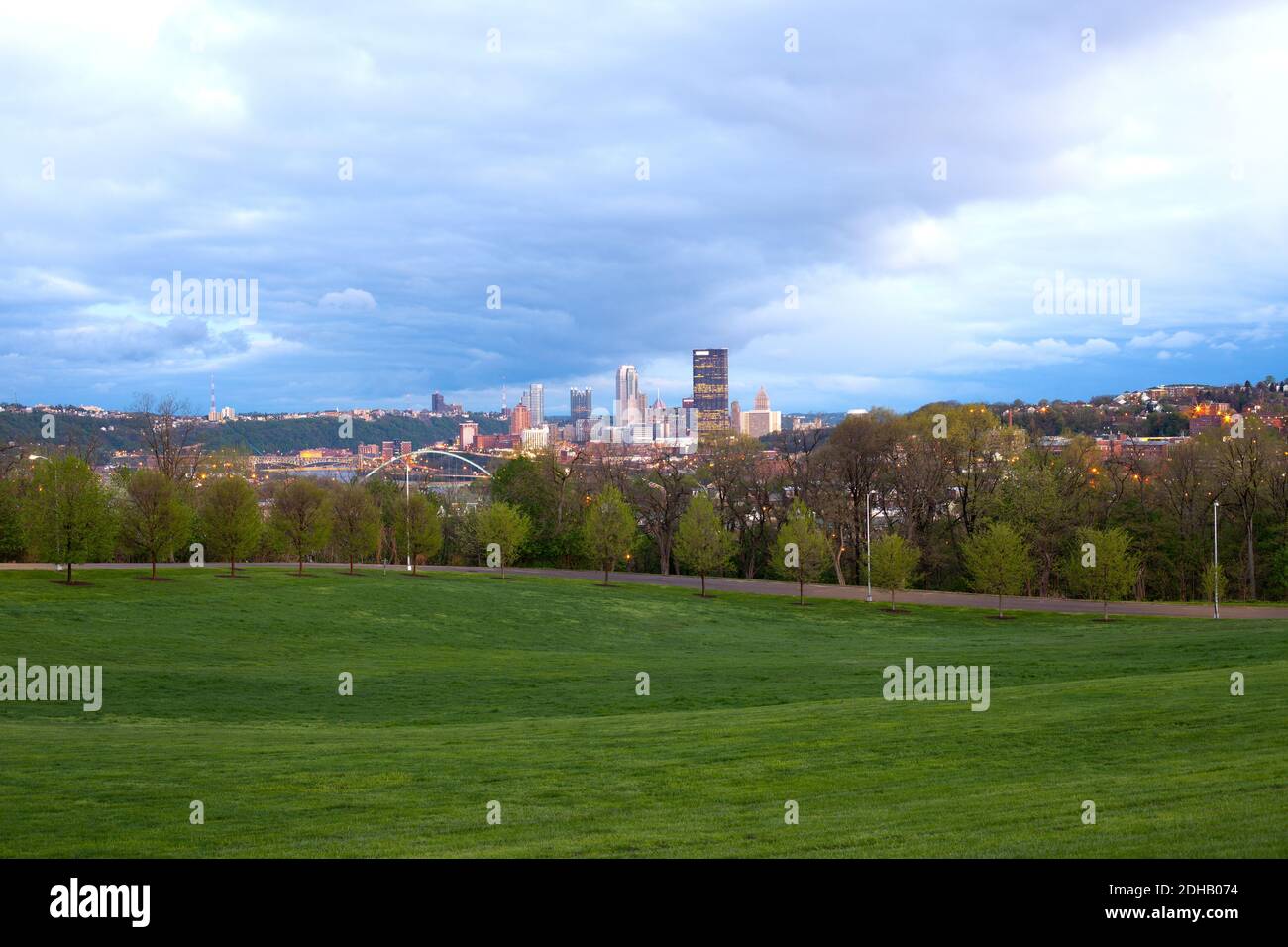 Schenley Park at Oakland neighborhood and downtown city skyline,  Pittsburgh, Pennsylvania, United States Stock Photo