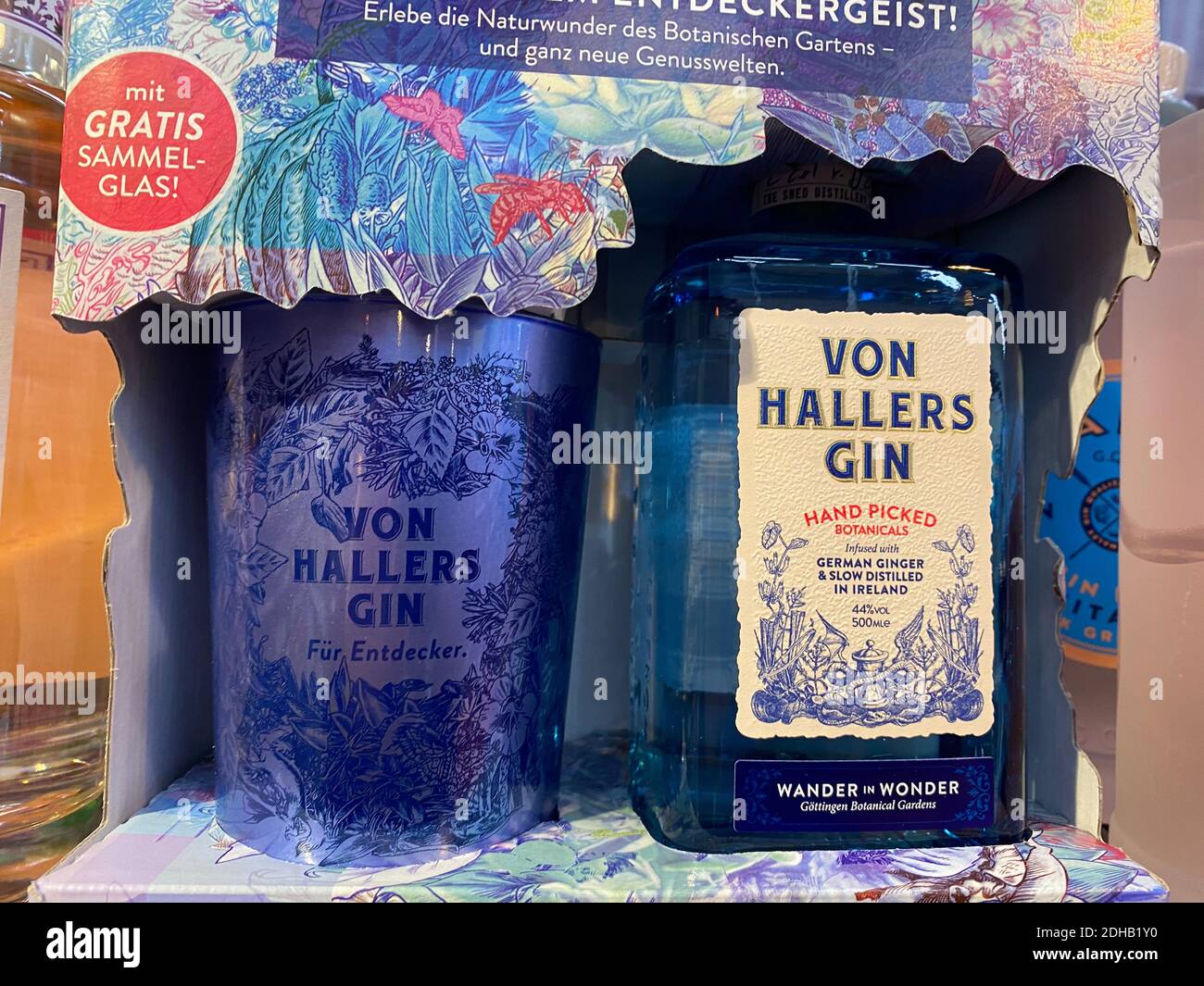 Viersen, Germany - October 8. 2020: Close up of von Hallers gin bottle with  glass in shelf of german supermarket Stock Photo - Alamy
