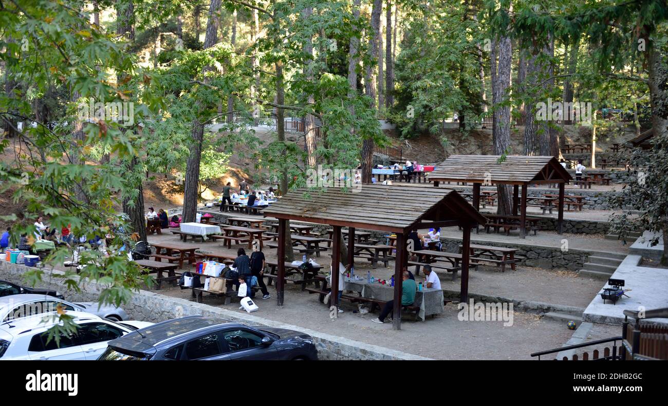 Picnic and BBQ area in Platania nature reserve by Troodos mountains, Cyprus Stock Photo