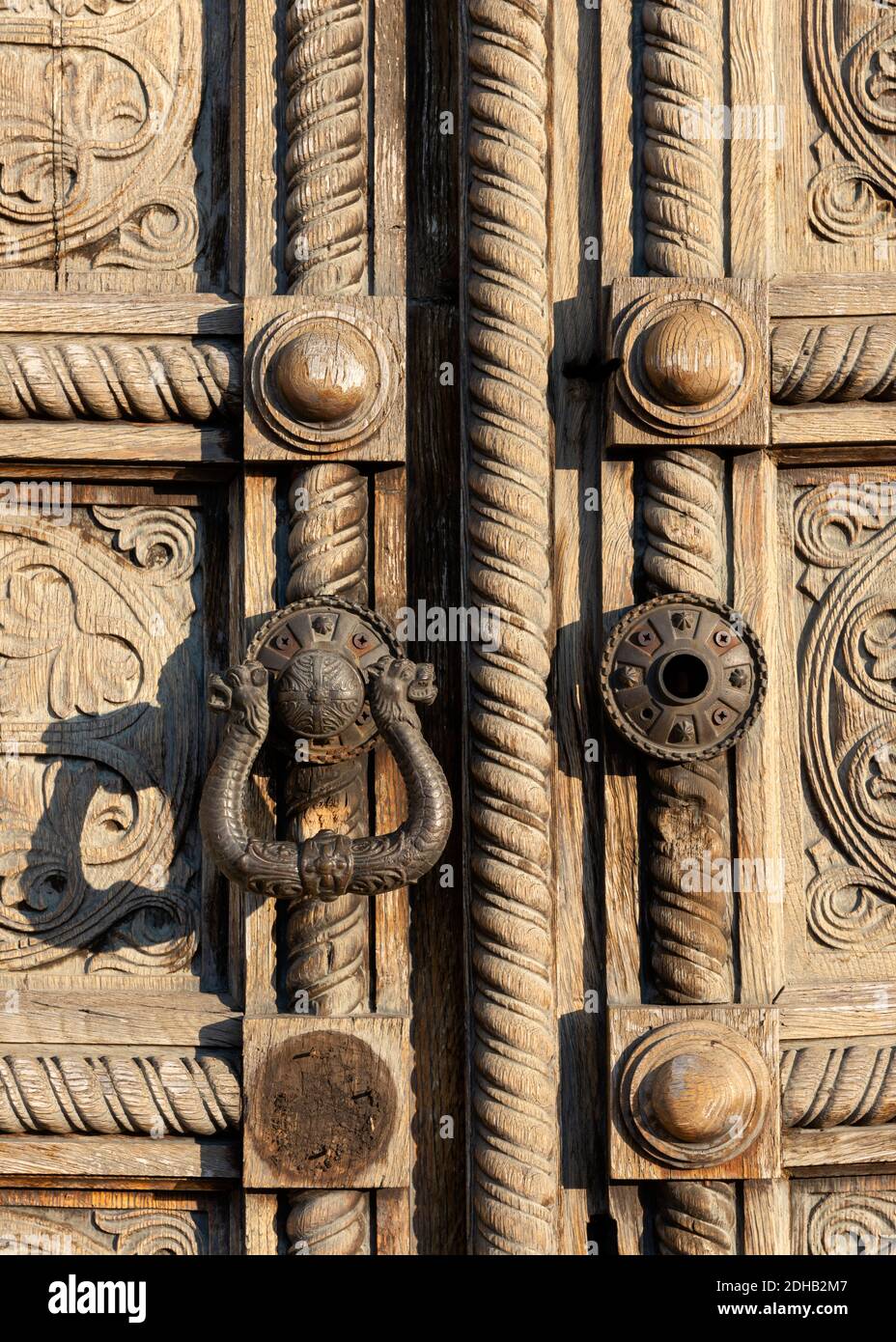 Old carved wood panel door close up detail of the historic St. Alexander Nevsky Orthodox Cathedral church in Sofia Bulgaria Eastern Europe Stock Photo