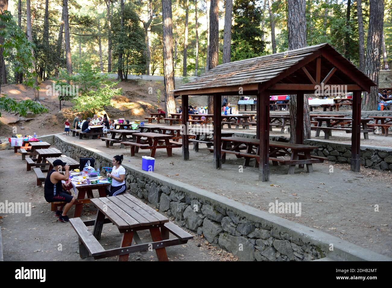 Picnic and BBQ area in Platania nature reserve by Troodos mountains, Cyprus Stock Photo