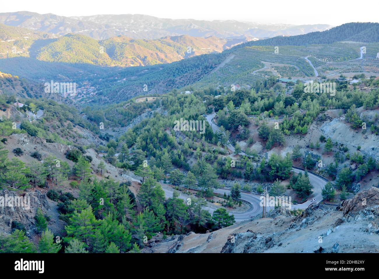 Switchback road in Trodos mountains Limassol region leading to Pano Amiantos mine which was Europe's largest asbestos excavations closing in 1988, Cyp Stock Photo