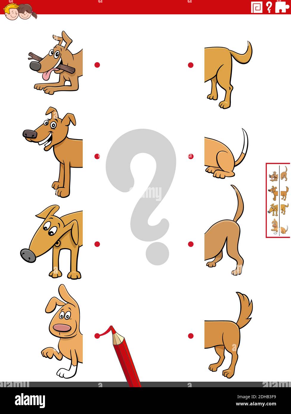 Cartoon illustration of educational game of matching halves of pictures ...