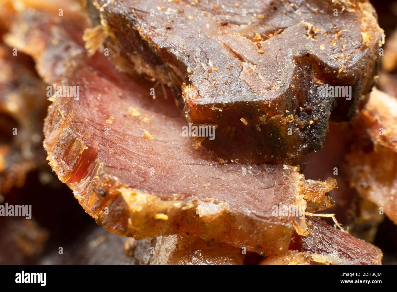 Close-up image of slices of South African beef biltong with fat Stock Photo