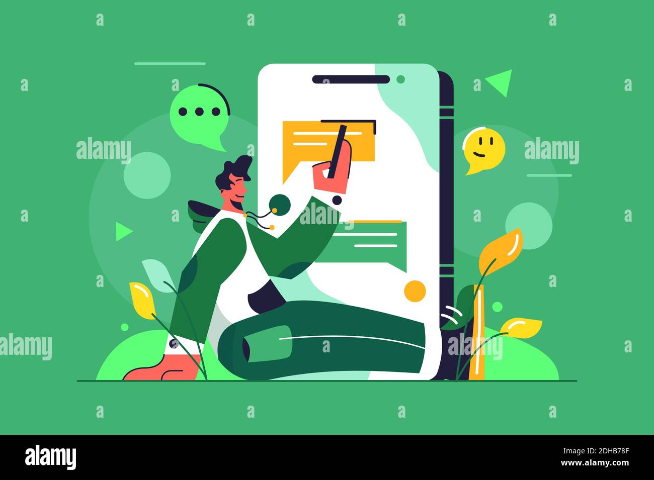 The guy is chatting while sitting on the floor Stock Vector