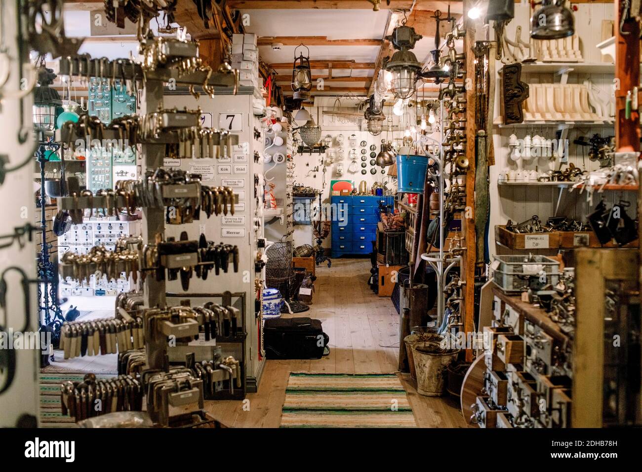 Various equipment at illuminated hardware store Stock Photo