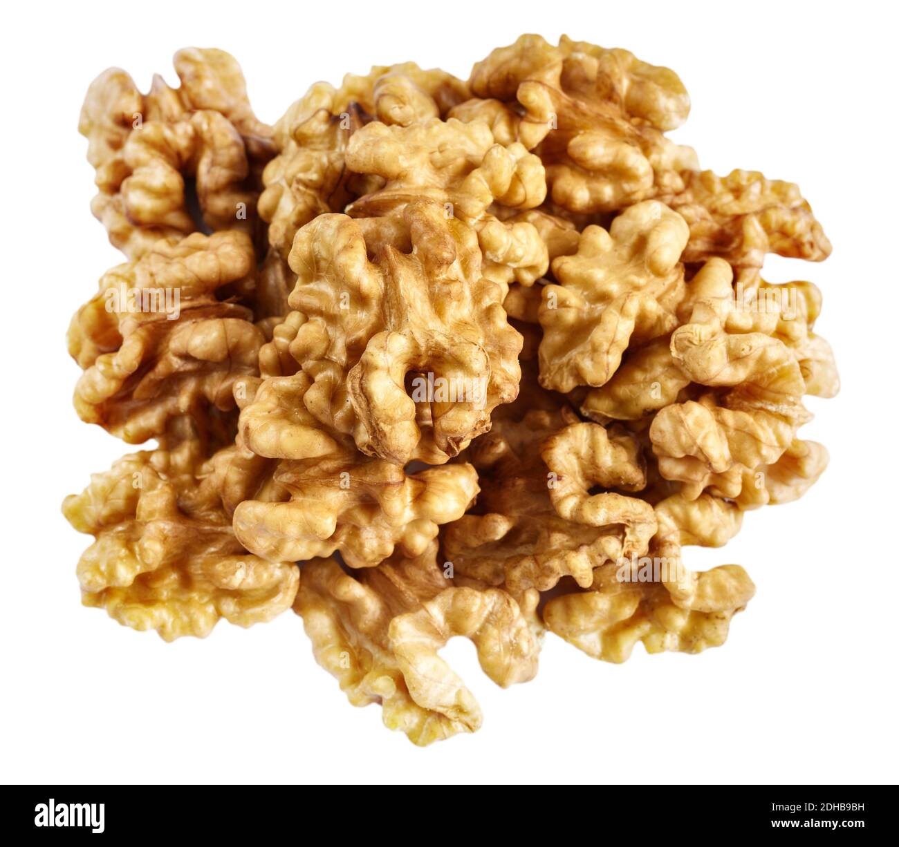 Walnuts halves isolated on white background, selective focus. Stock Photo