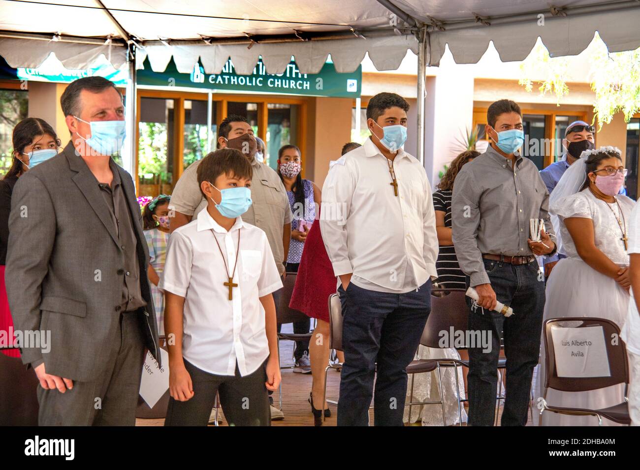 Wearing face masks due to the coronavirus pandemic, congregants at a
